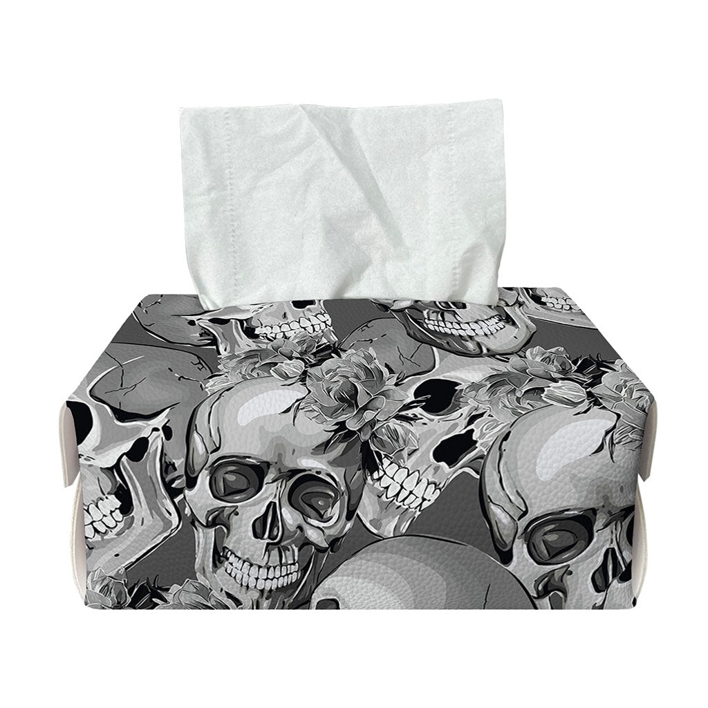 Monochrome Skull Flowers Pattern Print Rectangle Tissue Box Cover