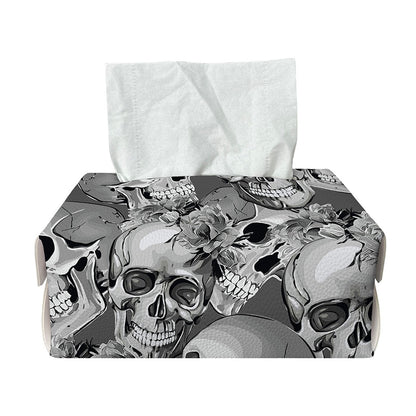 Monochrome Skull Flowers Pattern Print Rectangle Tissue Box Cover
