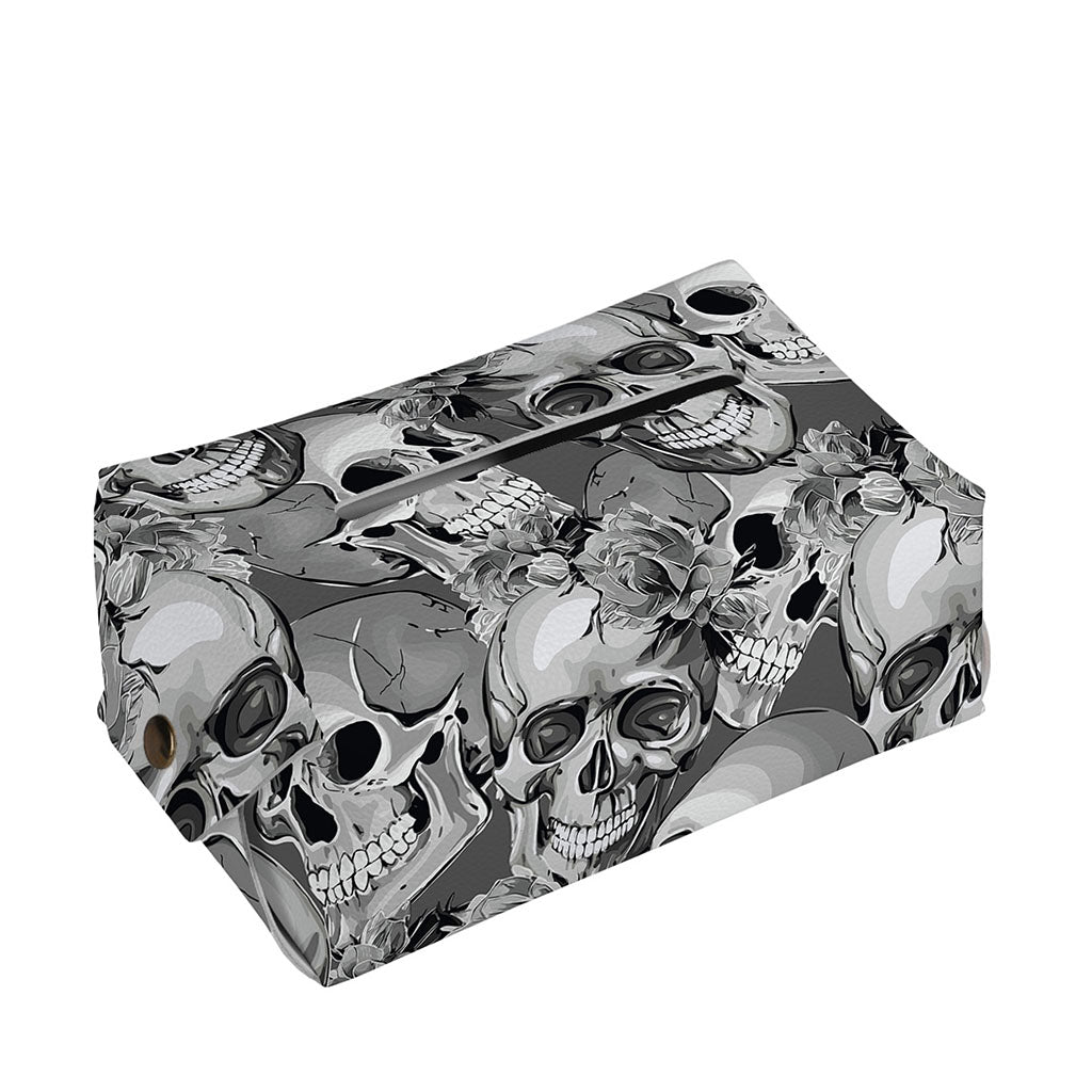 Monochrome Skull Flowers Pattern Print Rectangle Tissue Box Cover