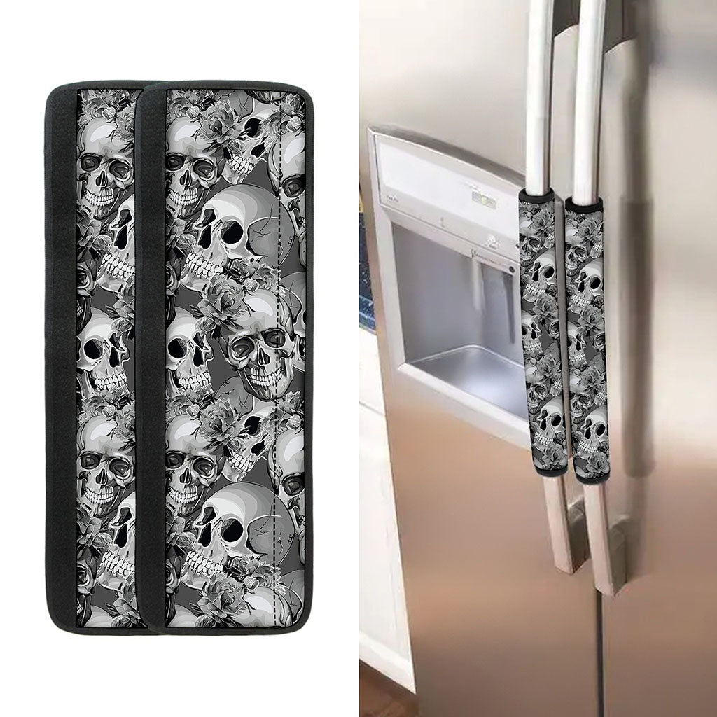 Monochrome Skull Flowers Pattern Print Refrigerator Handle Covers