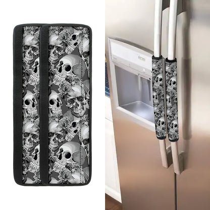 Monochrome Skull Flowers Pattern Print Refrigerator Handle Covers