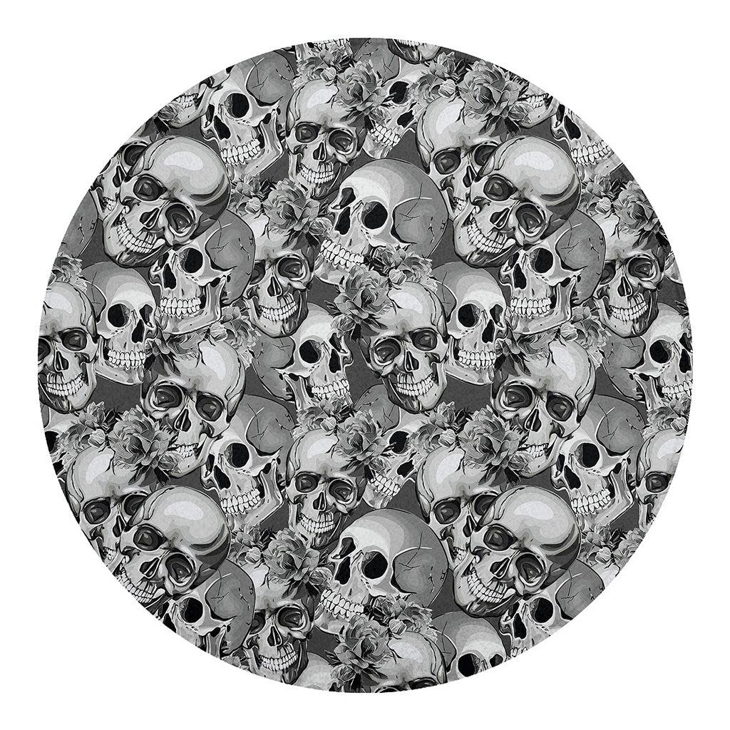Monochrome Skull Flowers Pattern Print Round Blanket