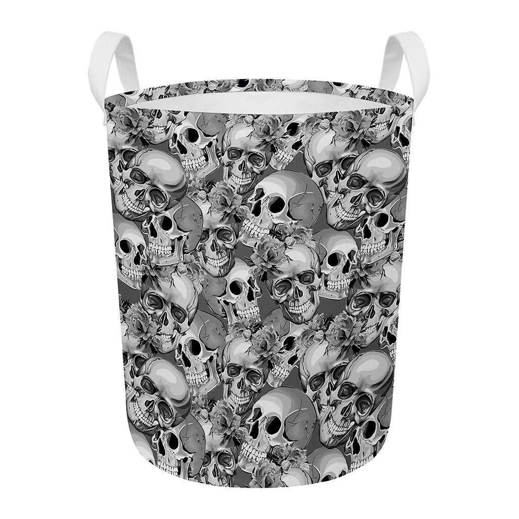 Monochrome Skull Flowers Pattern Print Round Laundry Basket