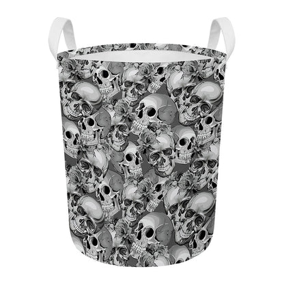 Monochrome Skull Flowers Pattern Print Round Laundry Basket