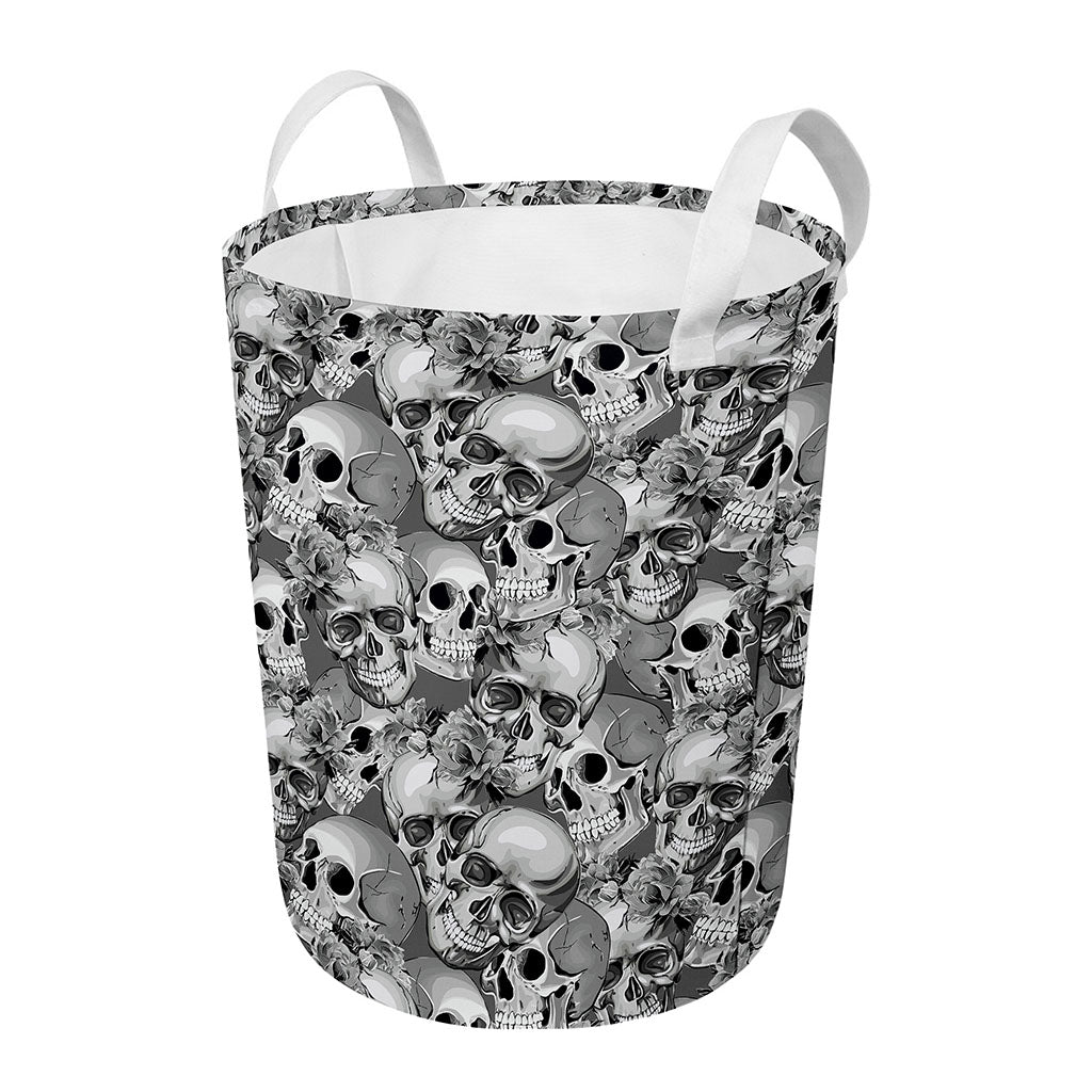 Monochrome Skull Flowers Pattern Print Round Laundry Basket