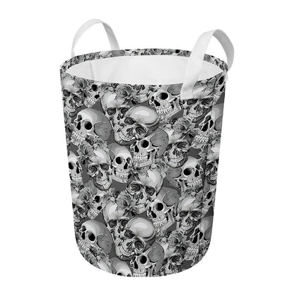 Monochrome Skull Flowers Pattern Print Round Laundry Basket