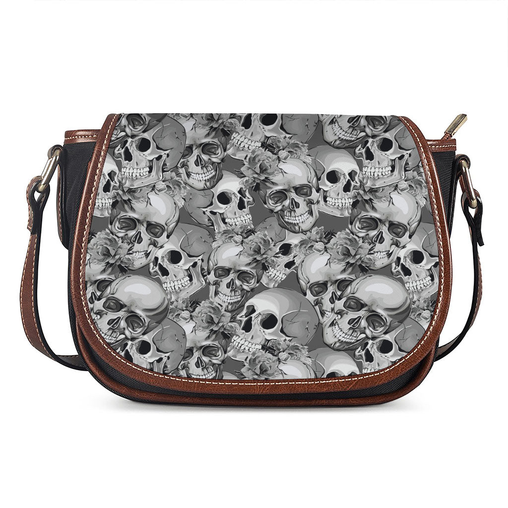 Monochrome Skull Flowers Pattern Print Saddle Bag