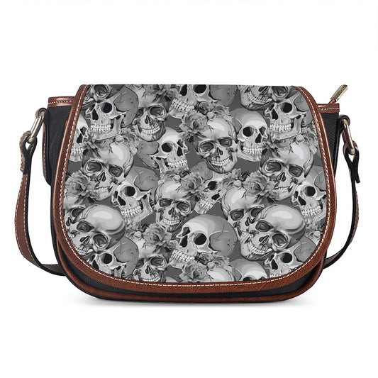Monochrome Skull Flowers Pattern Print Saddle Bag