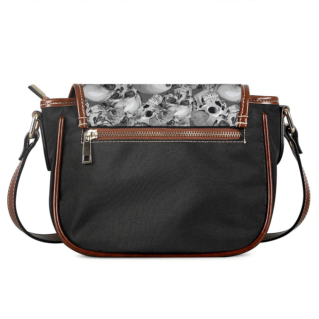 Monochrome Skull Flowers Pattern Print Saddle Bag