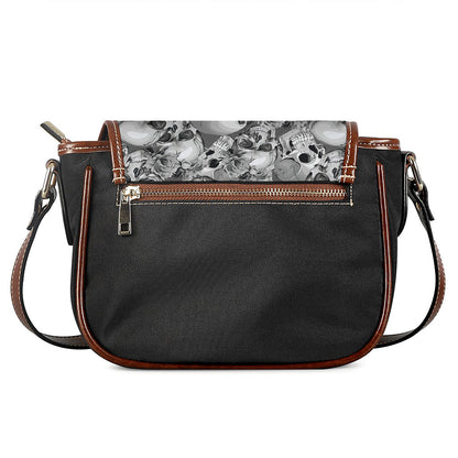 Monochrome Skull Flowers Pattern Print Saddle Bag