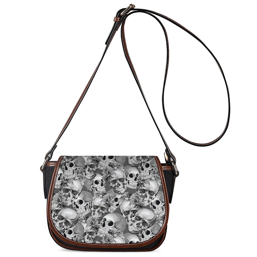 Monochrome Skull Flowers Pattern Print Saddle Bag