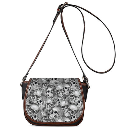 Monochrome Skull Flowers Pattern Print Saddle Bag