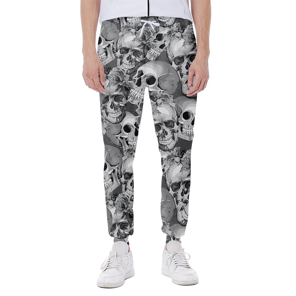 Monochrome Skull Flowers Pattern Print Scuba Joggers