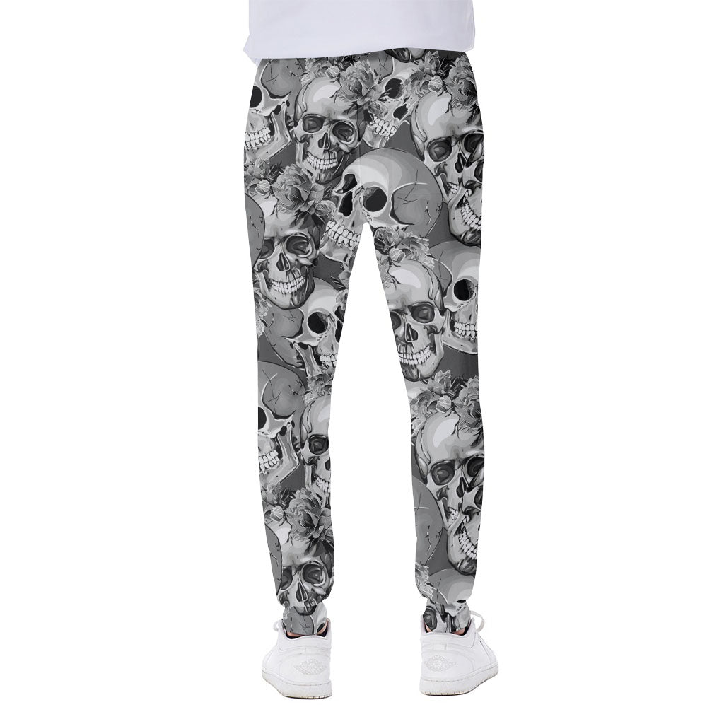 Monochrome Skull Flowers Pattern Print Scuba Joggers