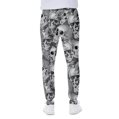 Monochrome Skull Flowers Pattern Print Scuba Joggers
