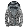 Monochrome Skull Flowers Pattern Print Sherpa Lined Zip Up Hoodie