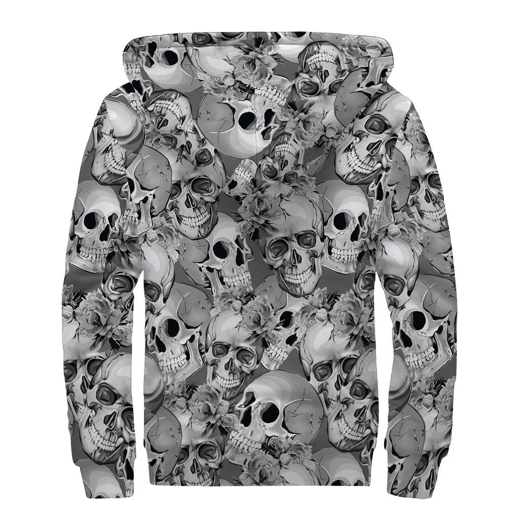 Monochrome Skull Flowers Pattern Print Sherpa Lined Zip Up Hoodie