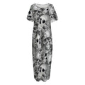 Monochrome Skull Flowers Pattern Print Short Sleeve Long Nightdress