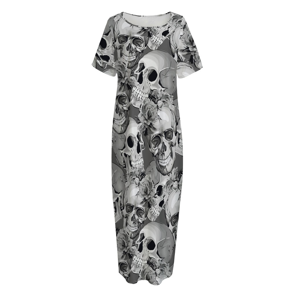 Monochrome Skull Flowers Pattern Print Short Sleeve Long Nightdress