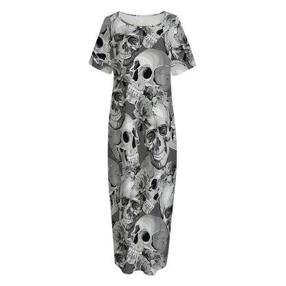 Monochrome Skull Flowers Pattern Print Short Sleeve Long Nightdress