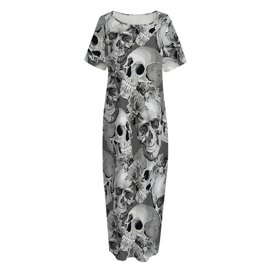 Monochrome Skull Flowers Pattern Print Short Sleeve Long Nightdress
