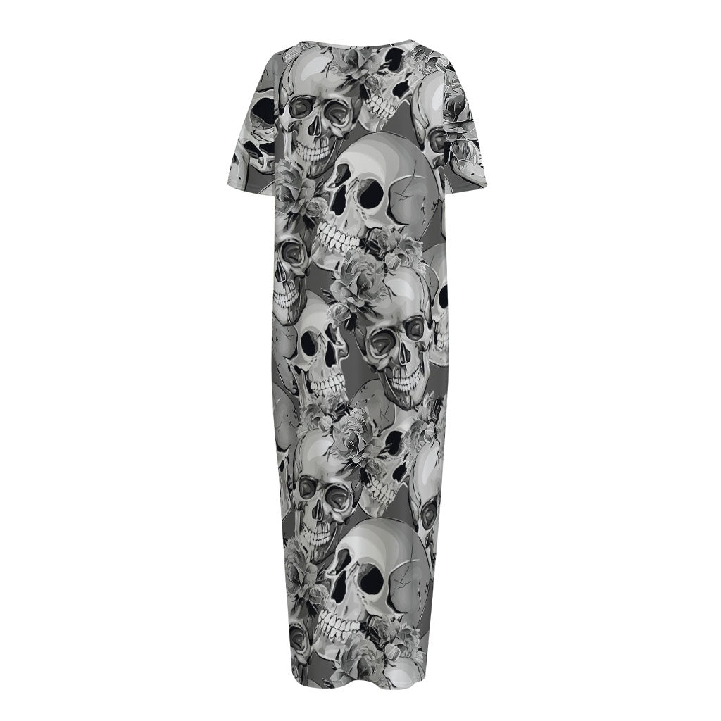 Monochrome Skull Flowers Pattern Print Short Sleeve Long Nightdress