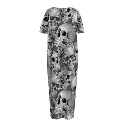 Monochrome Skull Flowers Pattern Print Short Sleeve Long Nightdress