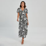 Monochrome Skull Flowers Pattern Print Short Sleeve Maxi Dress