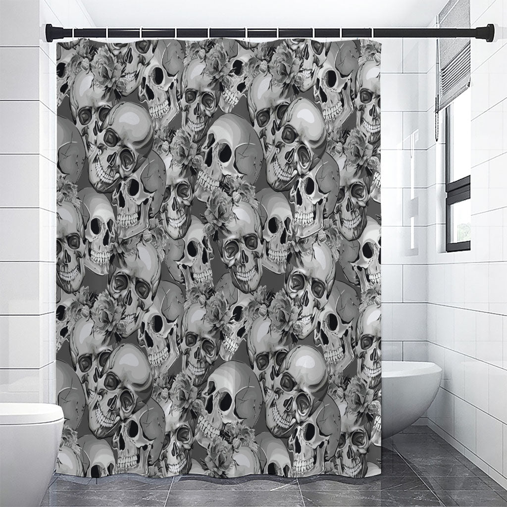 Monochrome Skull Flowers Pattern Print Shower Curtain