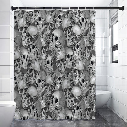 Monochrome Skull Flowers Pattern Print Shower Curtain