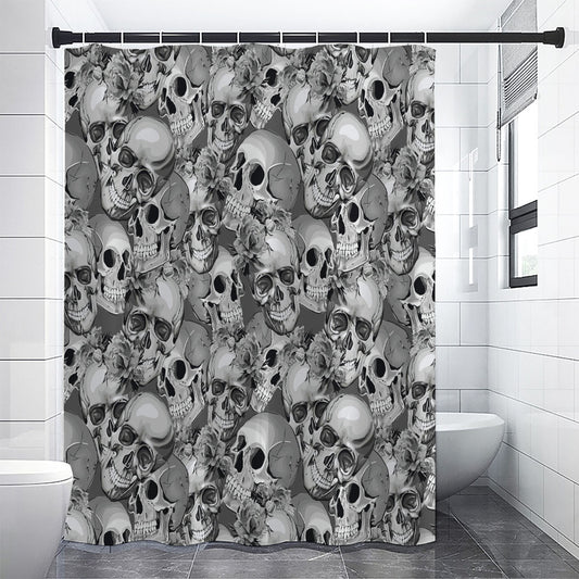 Monochrome Skull Flowers Pattern Print Shower Curtain