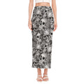 Monochrome Skull Flowers Pattern Print Side Slit Maxi Skirt