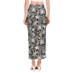 Monochrome Skull Flowers Pattern Print Side Slit Maxi Skirt