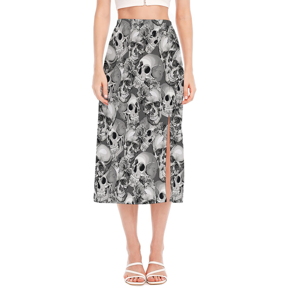 Monochrome Skull Flowers Pattern Print Side Slit Midi Skirt