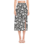 Monochrome Skull Flowers Pattern Print Side Slit Midi Skirt