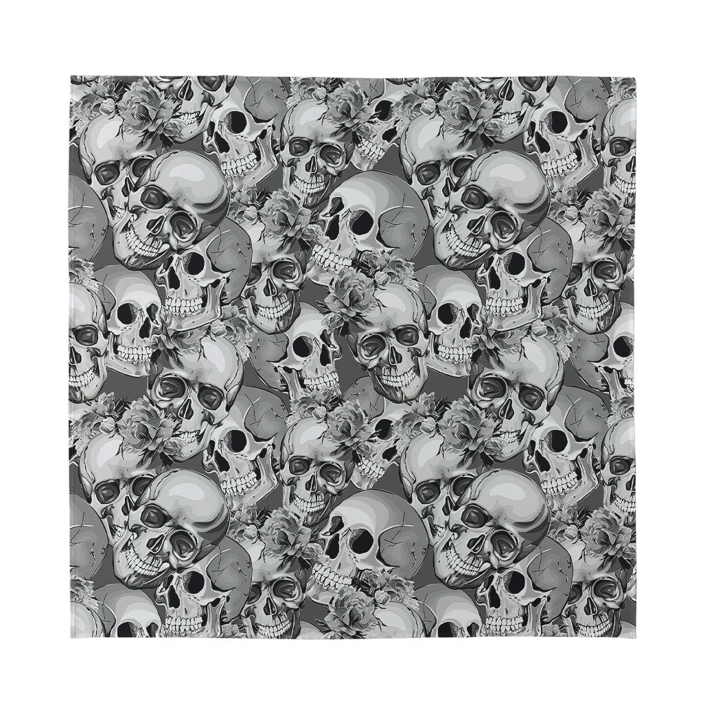 Monochrome Skull Flowers Pattern Print Silk Bandana