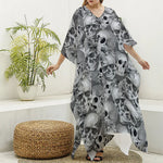 Monochrome Skull Flowers Pattern Print Silk V-Neck Kaftan Dress