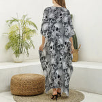Monochrome Skull Flowers Pattern Print Silk V-Neck Kaftan Dress