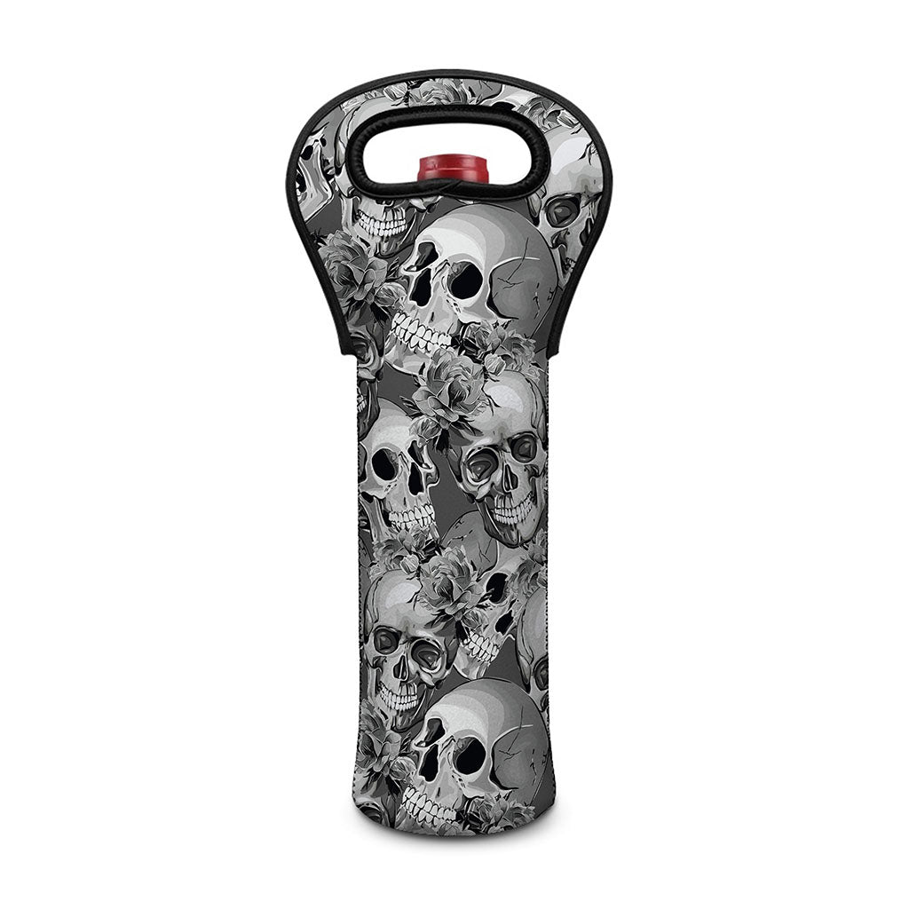 Monochrome Skull Flowers Pattern Print Single Neoprene Wine Tote