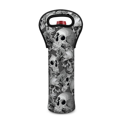 Monochrome Skull Flowers Pattern Print Single Neoprene Wine Tote