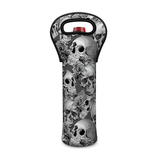 Monochrome Skull Flowers Pattern Print Single Neoprene Wine Tote