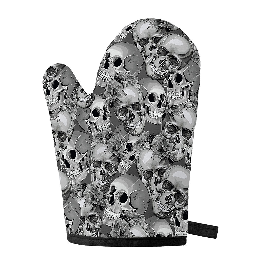 Monochrome Skull Flowers Pattern Print Single Oven Mitt