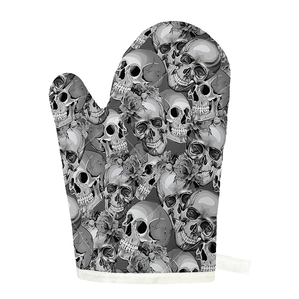 Monochrome Skull Flowers Pattern Print Single Oven Mitt