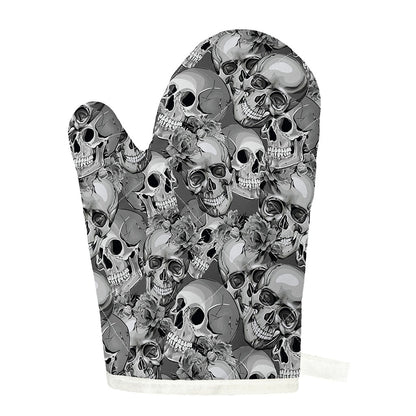 Monochrome Skull Flowers Pattern Print Single Oven Mitt