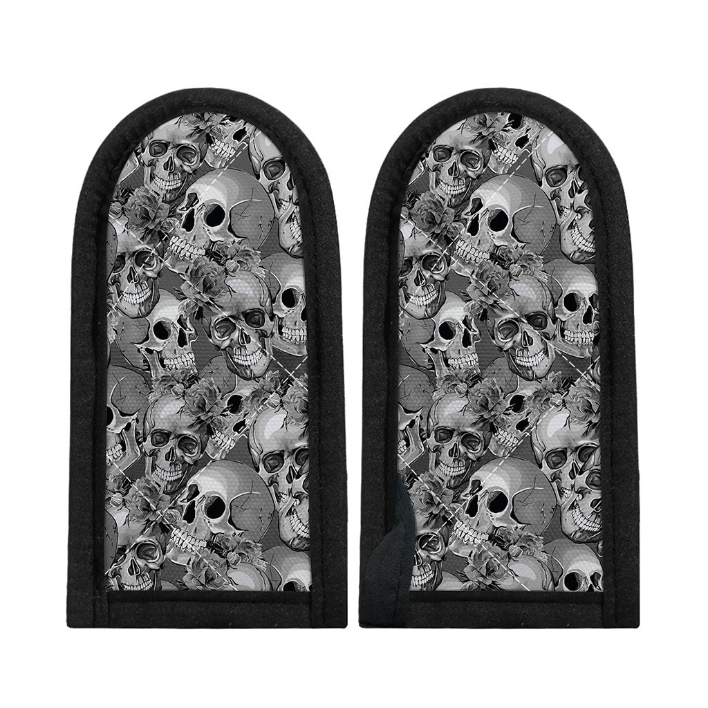 Monochrome Skull Flowers Pattern Print Skillet Handle Cover