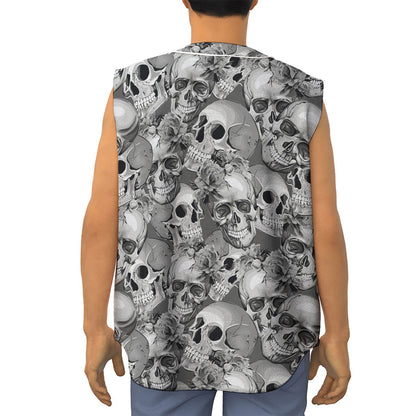 Monochrome Skull Flowers Pattern Print Sleeveless Baseball Jersey