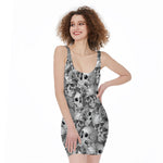 Monochrome Skull Flowers Pattern Print Sleeveless Bodycon Dress