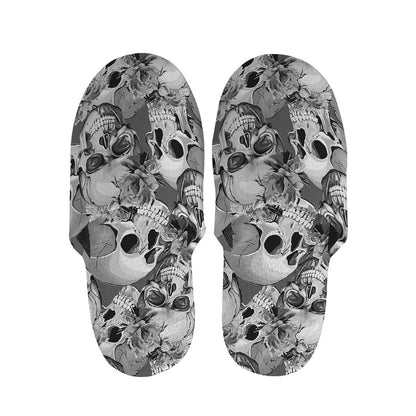 Monochrome Skull Flowers Pattern Print Slippers