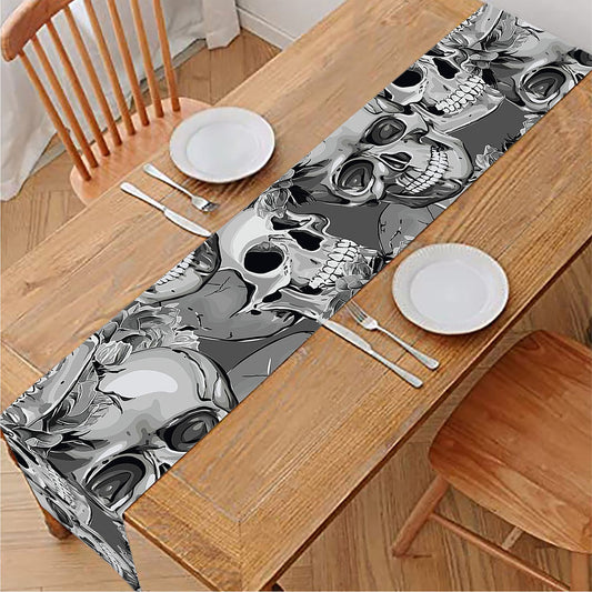 Monochrome Skull Flowers Pattern Print Table Runner