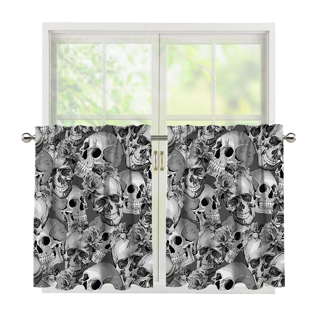 Monochrome Skull Flowers Pattern Print Tier Curtains
